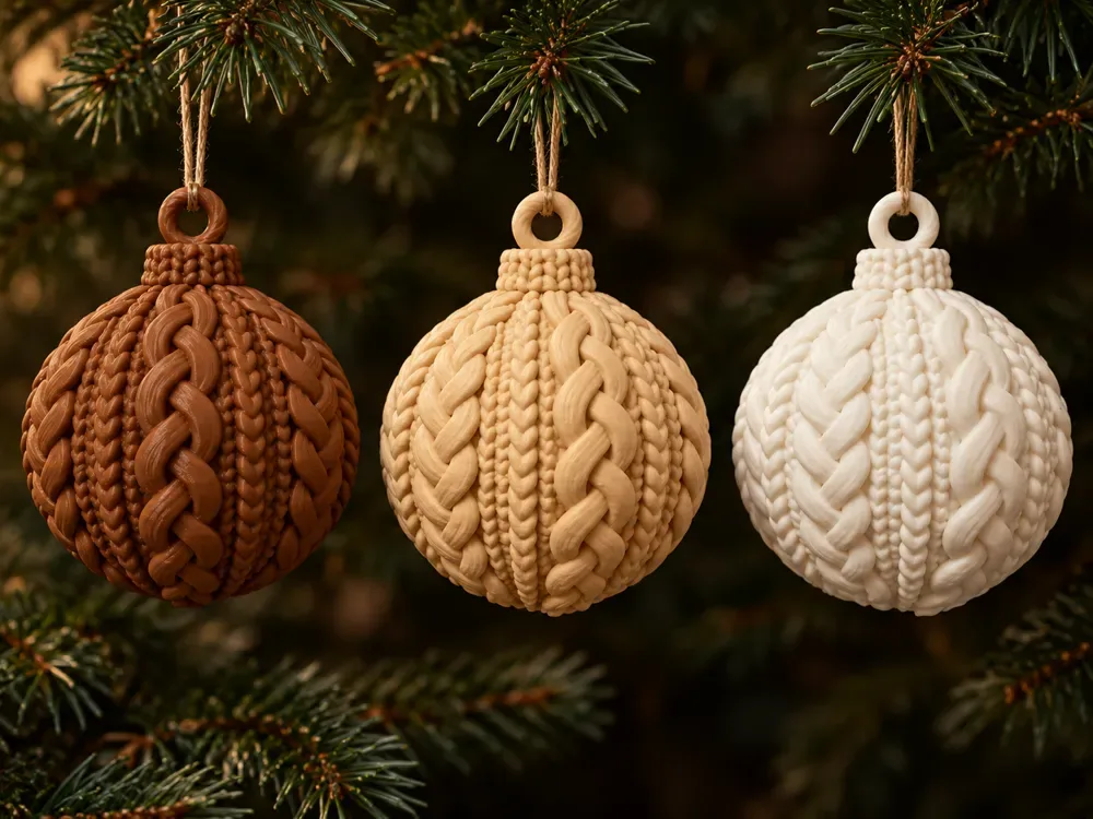 Bolas de Natal com textura de tricô